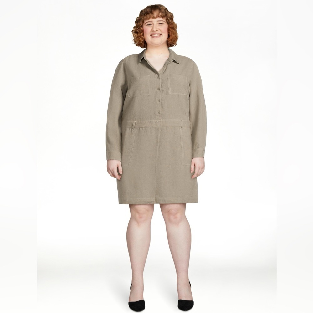 BeachLunchLounge New w Tag XXL Bowie Utility Dress Linen Blend Long Sleeve Beige